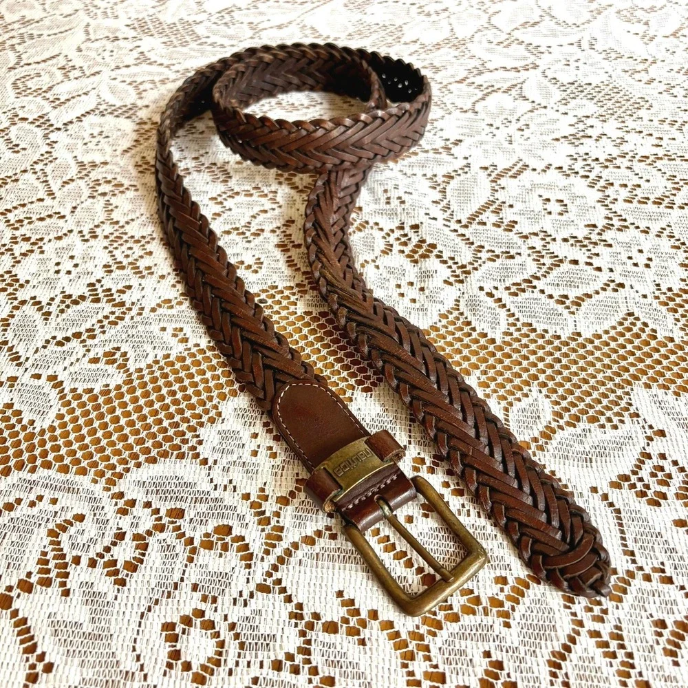 Vintage Nautica Braided Leather Belt Men's 42 Brown Mahogany Woven Brass Buckle